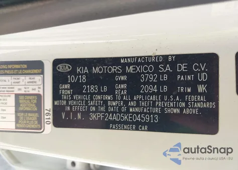 2019 Kia Forte Lxs z USA, uszkodzony, nr VIN 3KPF24AD5KE045913